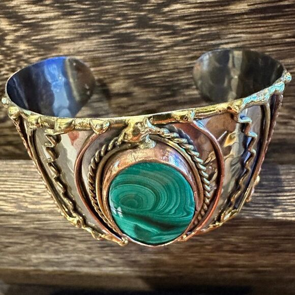 Handcrafted 2in Wide Cuff Bracelet, Malachite Green Stone, Mixed Metals, Adjust - Picture 8 of 10